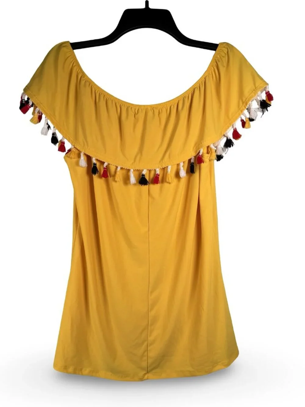 Diana Belle Off Shoulder Boho Tassel Flounce Top Womens L Yellow Summer Festival